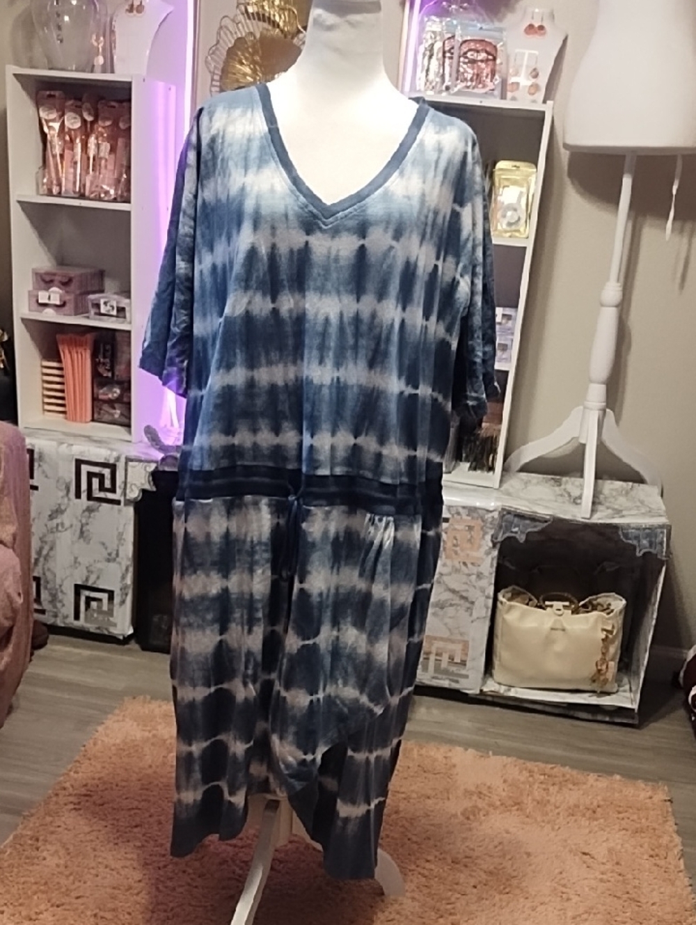 Sundance Blue and White Tie-Dye V-Neck Dress